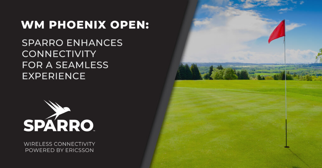 text saying "WM Phoenix Open: Sparro Enhances Connectivity for a Seamless Experience" with the Sparro logo below and an image of a golf course in background