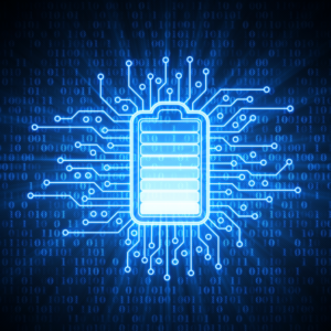 Glowing icon of a battery with a circuit board and lines to represent device health monitoring